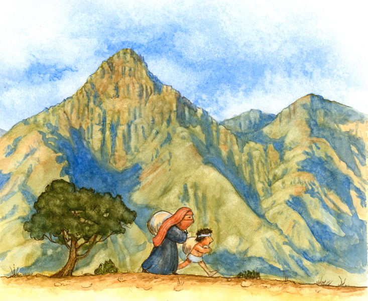 Hagar and Ishmael in the desert watercolor painting